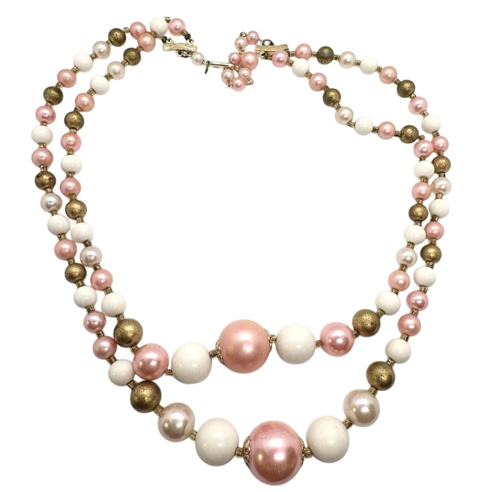 Vintage Pastel Pink White Plastic Bead 2 Strand 19'' - 22'' Necklace Japan Retro